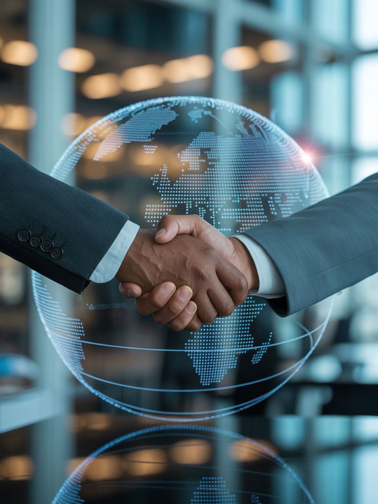Business handshake in front of a digital globe representing global staffing partnerships